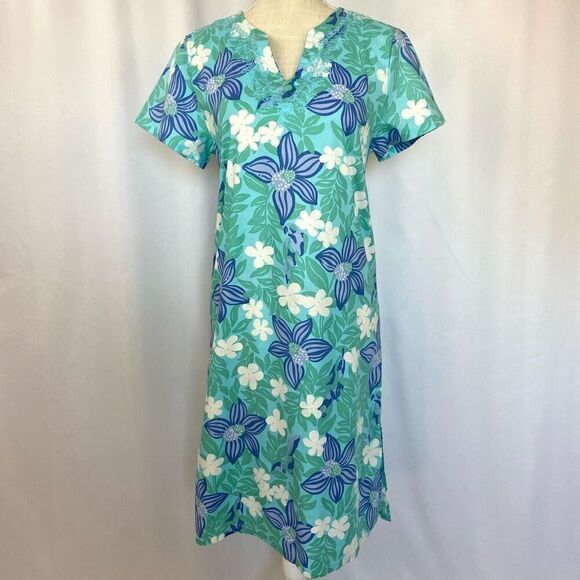 Vintage Lilly Pulitzer Shift Dress Short Blue Floral Hawaiian Style Short Sleeve - Picture 1 of 10